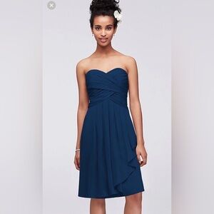 David’s Bridal Short Crinkle Chiffon Dress with Front Cascade in Navy - Size 2
